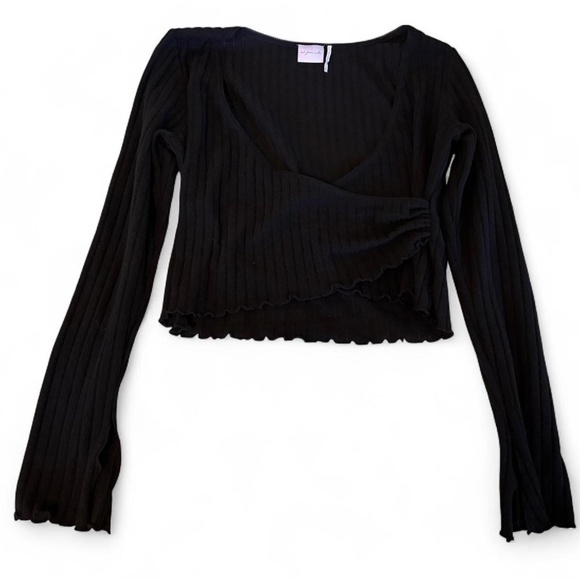 Out from under soft Black ribbed crop top with slit long sleeves - Picture 2 of 3